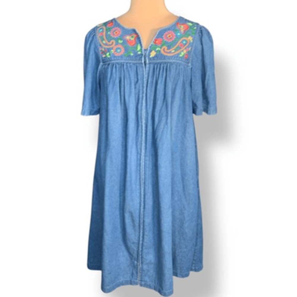 Vintage Embroidered Denim Babydoll Patio Dress Cottagecore Boho Small Feminine